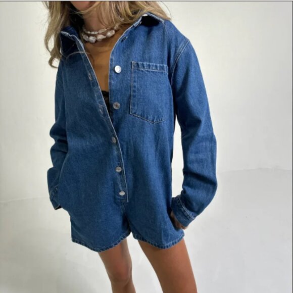 Parke Pants - Denim Button-Front Romper - Blue